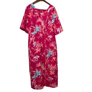 VTG At Home Wear Hawaiian Lounger Pink Floral Print House Dress Caftan Size 1X